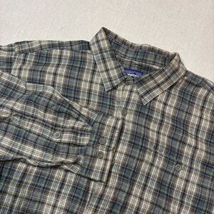 Patagonia Organic Cotton Fjord Green Brown Flannel Plaid Shirt Men's Large